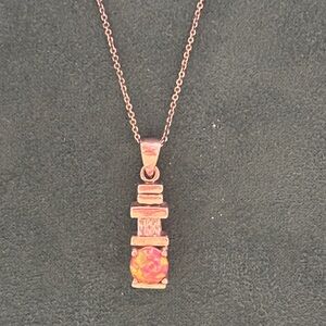 Elegant Fire Opal and square sparkling white stone Pendant Necklace in Sterling